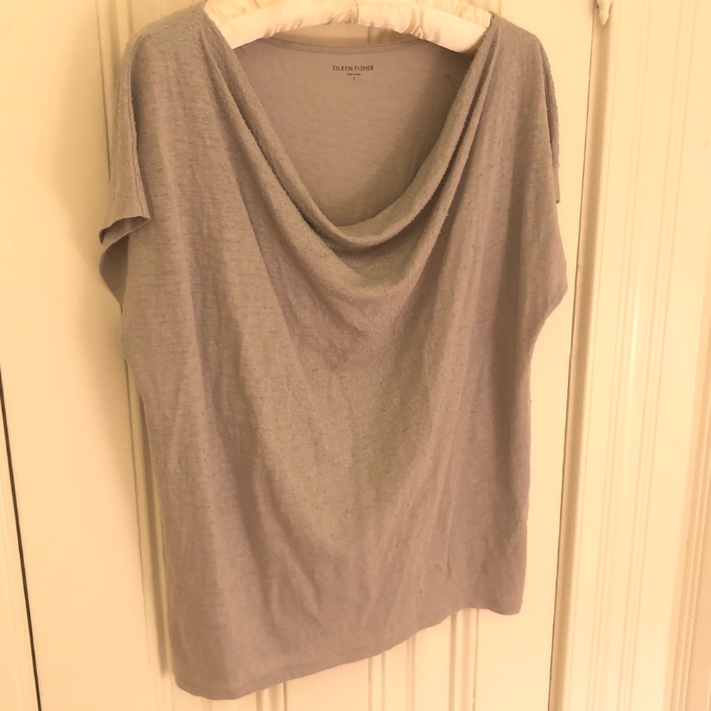 Eileen Fisher Beaded Top w Draped Neckline GRAY